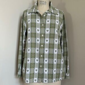 VTG 90s Heart Plaid Button-up Top Green White Blair Cottage Thick Cotton Sz L